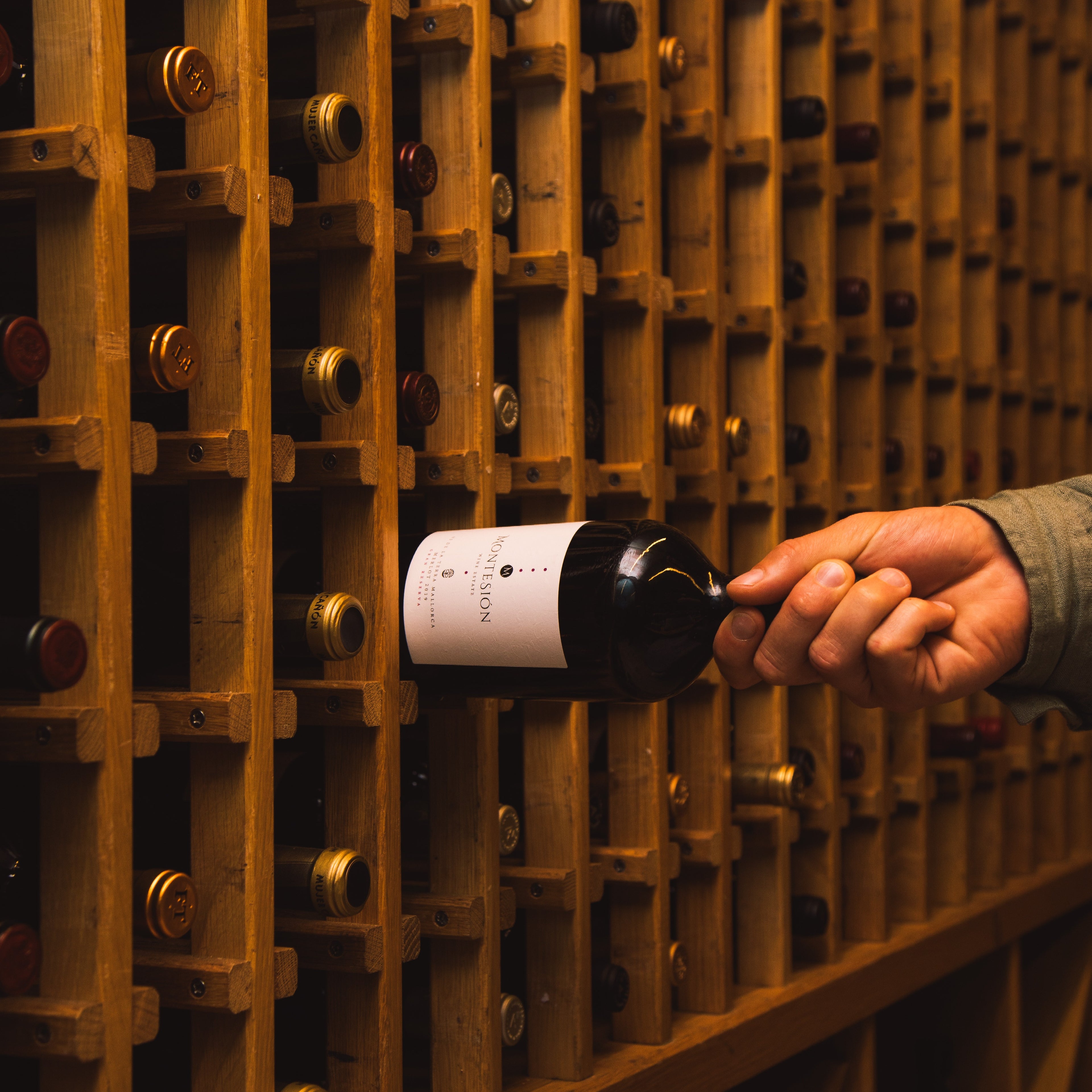 Hand selecting a wine bottle from a wooden rack in a wine cellar