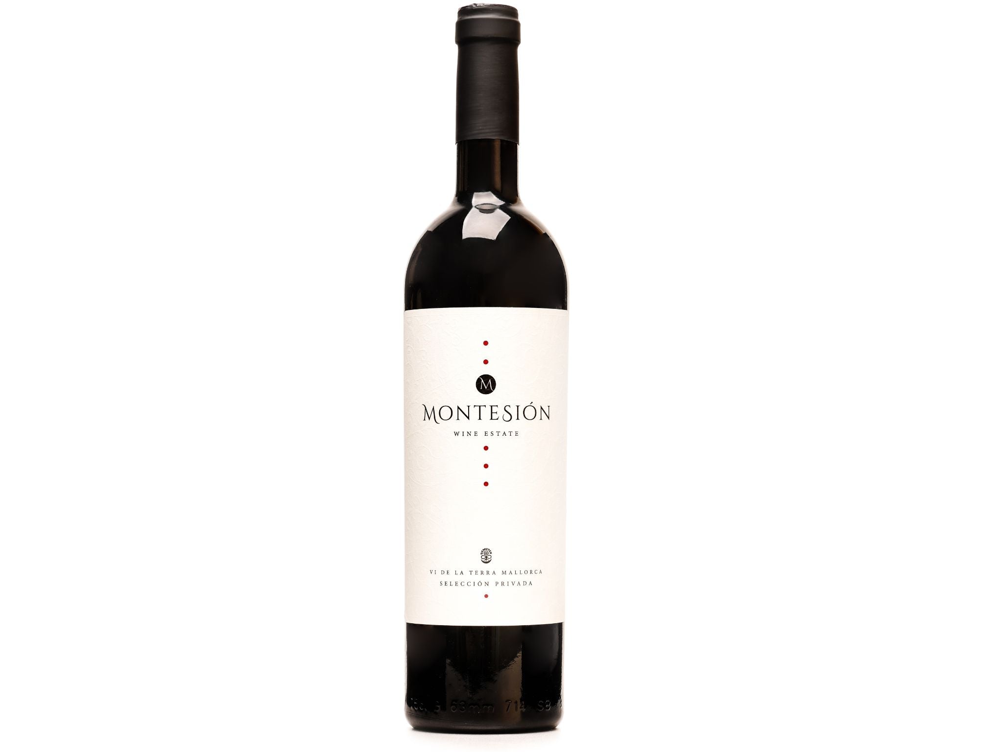 Wine bottle with Montesion label on a white background