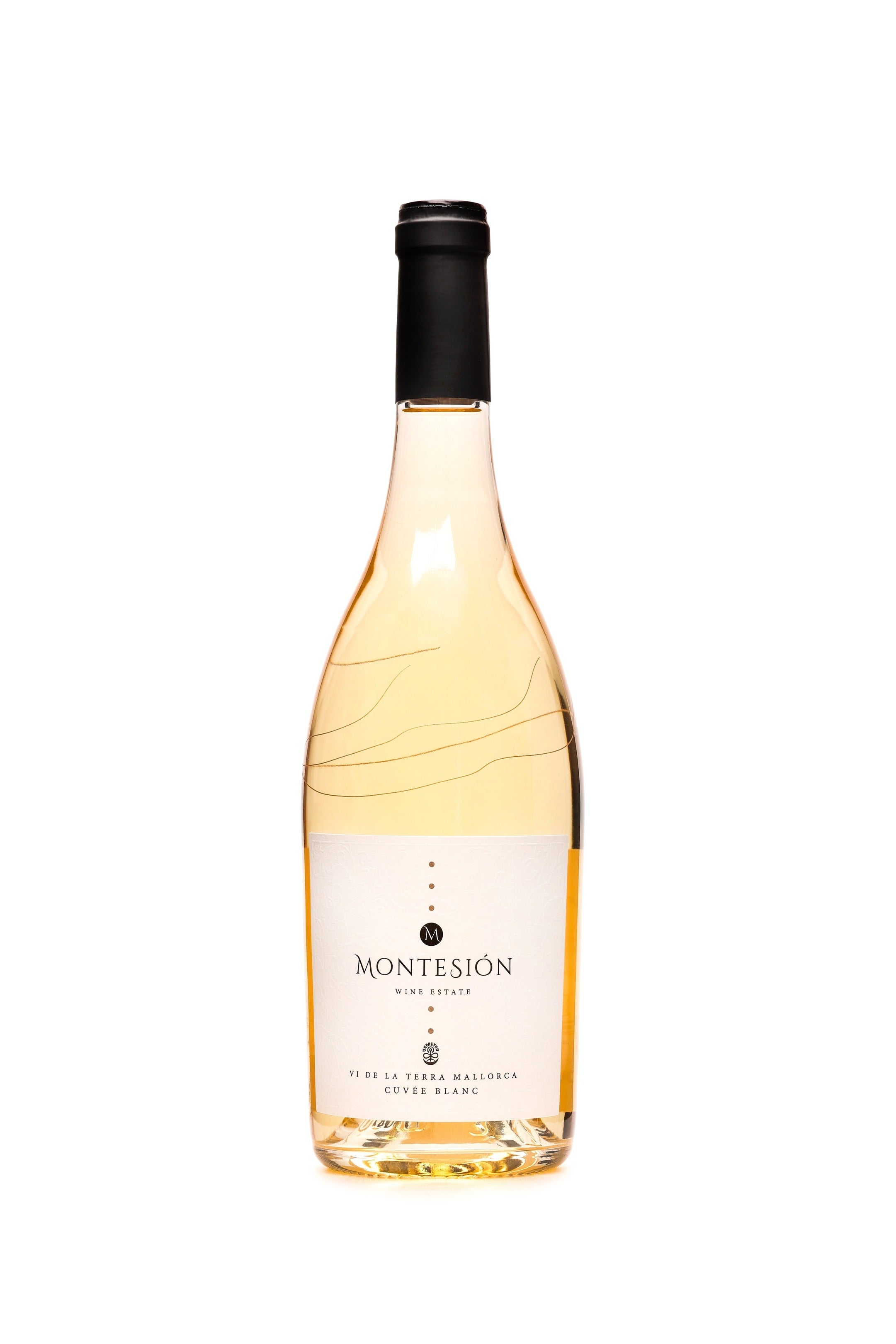 Wine bottle with Montesion label on a white background